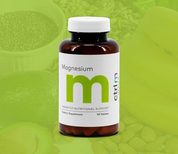 Picture of Magnesium supplement bottle with big lime green “M” on it, lime green gradient background with ingredients.